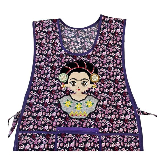 MEXICAN BRAND Apron O/S Purple Floral Frida Kahlo Embroidery Design Front Pocket - Picture 5 of 7